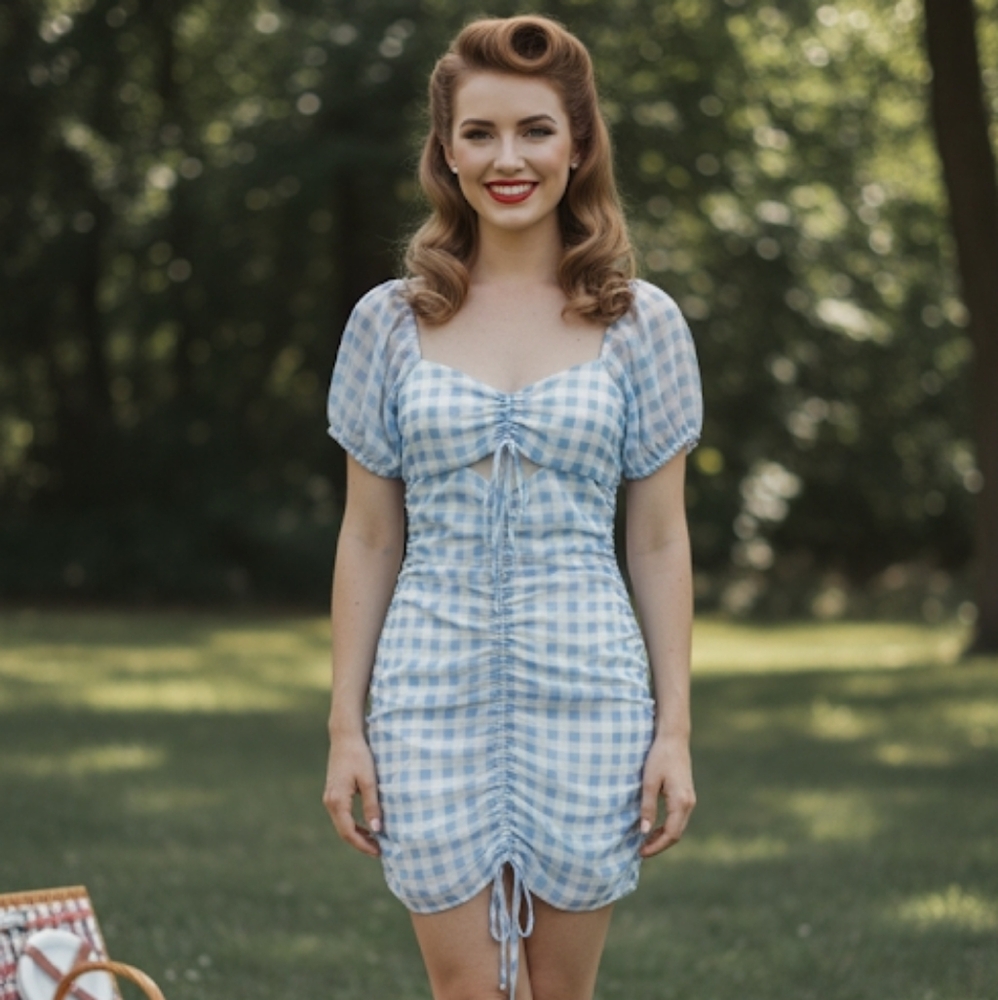 Urban Outfitters blue white gingham ruched cutout mini dress S